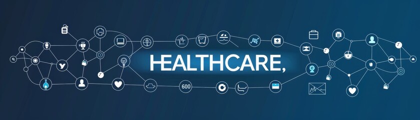The healthcare network represented by interconnected icons around "HEALTHCARE," dynamic and detailed, infographic style, blue and grey palette, modern look.