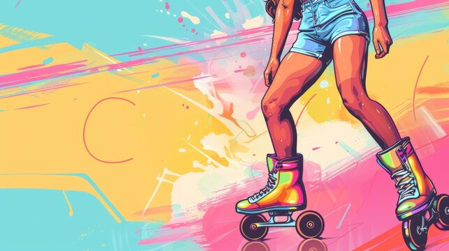 Girl on roller skates, retro pop cartoon style.