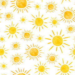 Bright yellow children's watercolor sun on a white background, seamless pattern, hand-drawn. Endless pattern template for holiday, design, decoration. A sample for fabric, wrapping paper, wallpaper.