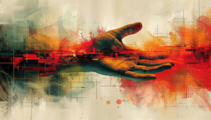 A hand is shown in a painting with a red background by AI generated image