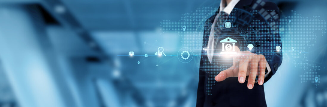 Banking: Businessman touching the Banking icon and global technological Networking. Financial Transactions, Security Measures, Customer Service.