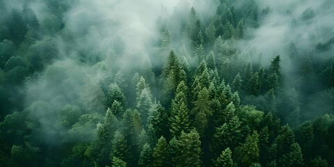 Depict the otherworldly charm of a mist-covered forest from above, with tendrils of fog weaving through the trees and casting a serene and mystical aura over the scene