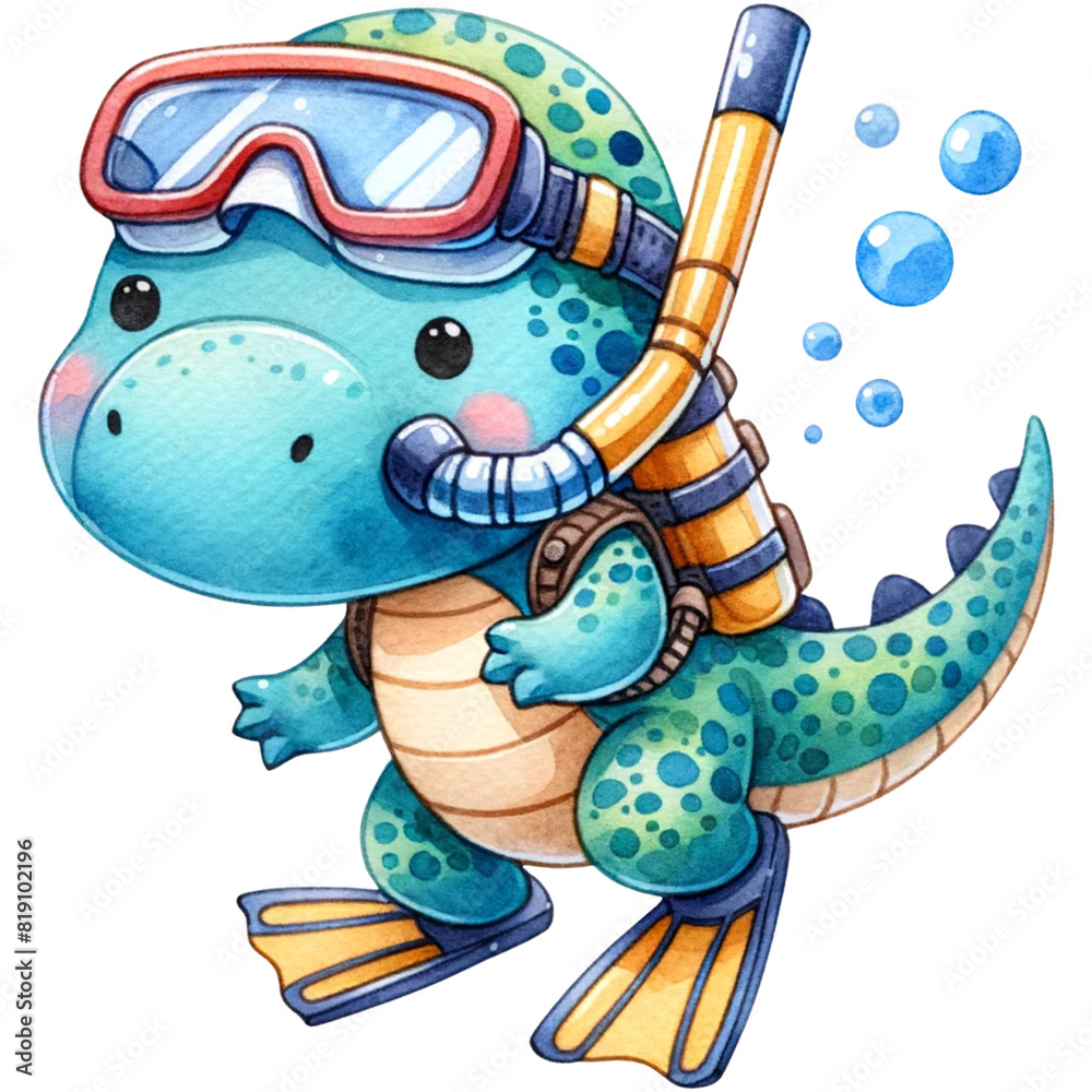 Wall mural cute scuba dinosaur, dinosaur lover,scuba clipart,watercolor clipart