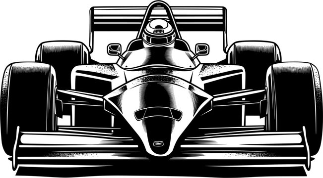 Old school Formula 1 car front view black vector icon isolated on a transparent background.