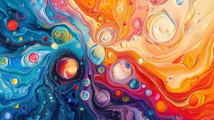 A vibrant abstract painting showcasing swirling patterns and bold colors reminiscent of summer's vibrant energy and optimism, ideal for wall art and design projects seeking a modern and uplifting touc