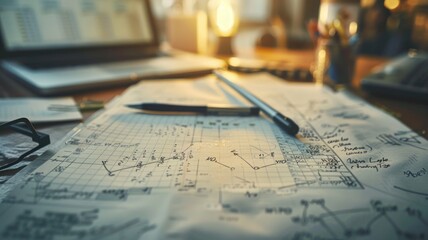 close-up of a desk cluttered with handwritten mathematical diagrams, notes, and a pen, emphasizing a scene of intense study