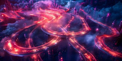 Illuminated Highway System in a Futuristic Fictional World at Night. Concept Futuristic Cityscapes, Sci-Fi Architecture, Night Photography