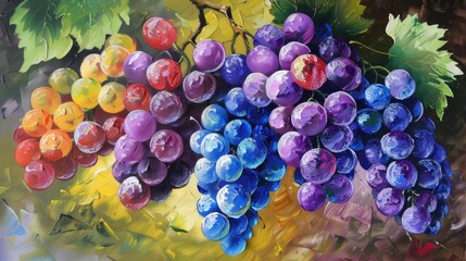 Grape painting on canvas. Multicolored bunch of grapes on canvas