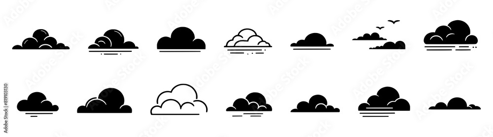 Wall mural set of simple cloud icons isolated on a white background - collection of small black clouds in vario