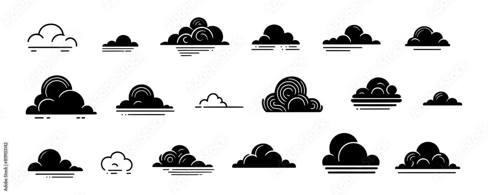 Wall mural set of simple cloud icons isolated on a white background - collection of small black clouds in vario