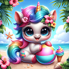 Naklejka premium Cute unicorn with rainbow mane and floral crown holding an ice cream cone on a tropical beach with a beach ball.