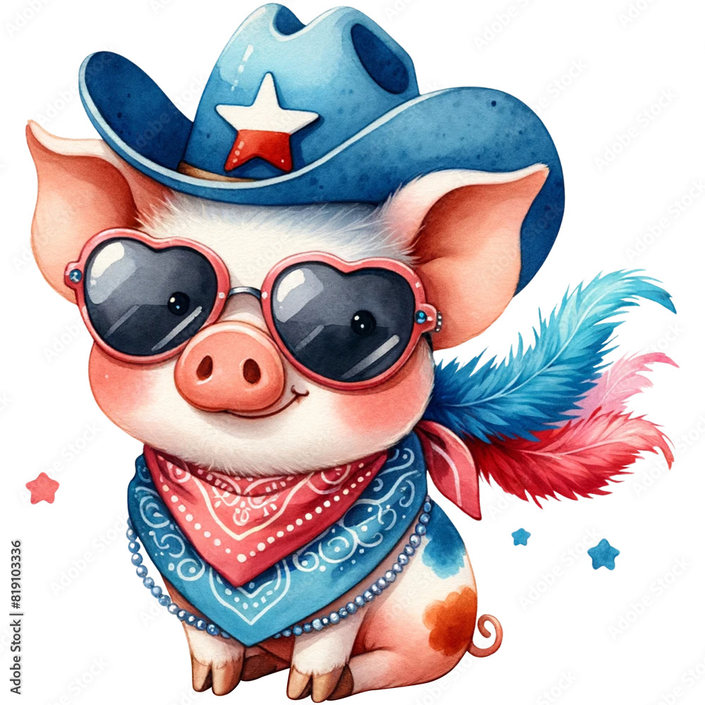 Wall mural cute happy pig watercolor clipart,cute with American Cowboy hat, pig with cowboy hat and sun glasses, cute with feather boa and pearls