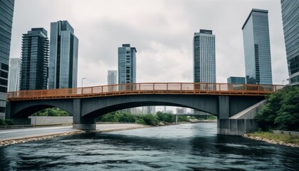 Modern bridge architecture spanning over a tranquil river, flanked by towering city buildings under a cloudy sky.. AI Generation