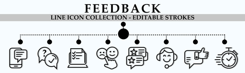 Feedback line icon collection. Containing icons of answer, online survey, testimonials, support, quick response and more. Linear icon collection. Editable stroke. Vector illustration