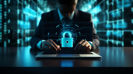 A professional using a laptop with a padlock icon symbolizing cybersecurity and network protection for secure user information. Emphasizing business technology, data protection, and online privacy 