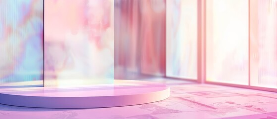 Close up of a blank podium in a digital art gallery, where new artworks are projected in lifelike holograms, against a softly blurred artistic background, sharpen with copy space