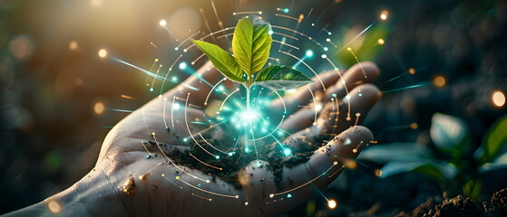 learn something new that had a positive impact on your life, Image showing the use of artificial intelligence in agriculture in the concepA hand holding different plants and herbs in a lush garden