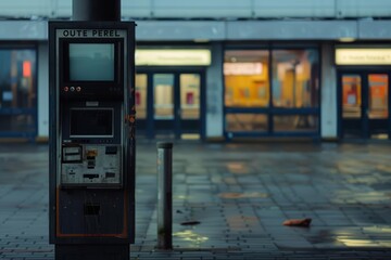 Naklejka premium Close up of a cinema ticket kiosk, its screen displaying an eternal Out of Service message, standing alone in the forecourt of a shuttered mall, sharpen with copy space