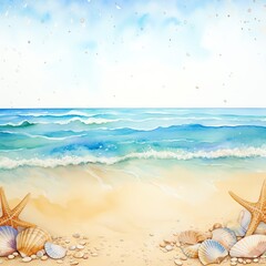 Fototapeta premium Aquarelle painting of a beach with shells and starfish. The colors are soft and muted.