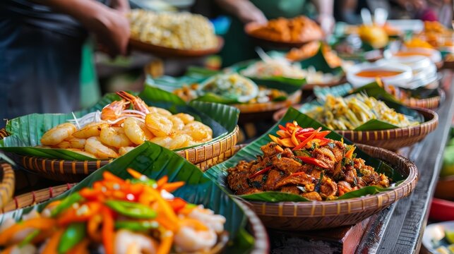 Close up of a culinary tour card, with buttons to sample virtual flavors of exotic dishes served on a gastronomic tour of a distant urban food market, sharpen with copy space