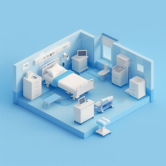 Fototapeta premium 3D render modern clean hospital room equipped with a bed, medical devices, and essential furniture, showcasing a well-organized and sterile environment for patient care.