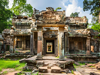 Ancient Stone Temple Ruins in Lush Greenery with Intricate Architectural Details: Explore Historical Stone Carvings, Weathered Textures, and Abandoned Structures Reclaimed by Nature Under Blue Skies