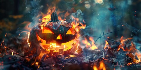 Halloween background template burning pumpkin lanterns with cheerful face in forest