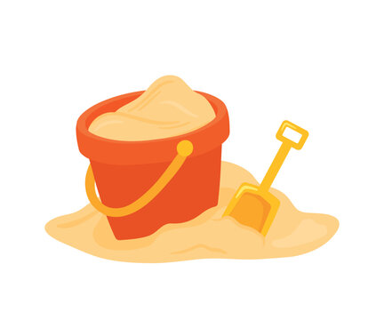 Sand in red bucket with shovel vector illustration for summer kid toys and game