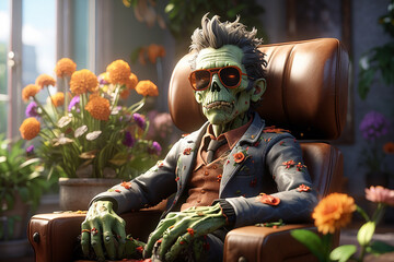 Zombie wearing sunglasses sitting in a chair, 3D cartoon character illustration