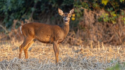 Obraz premium Tranquil scene of a majestic deer in a serene dry grass field nature landscape with copy space