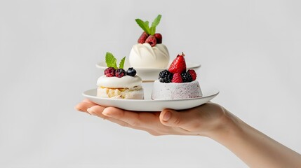 Front View of Hand Taking Complimentary Dessert Dishes for Advertising on White Background