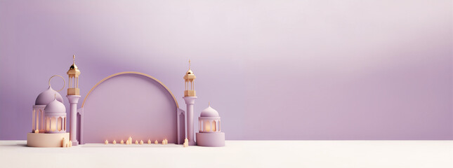 3d minimalist Islamic banner with pastel purple design Show off the podium with lanterns for eid al fitr and al adha holiday