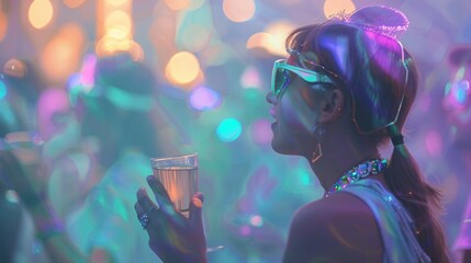 Club scene with friends in colorful costumes, enjoying music, holding glasses, ample copy space, vibrant lighting