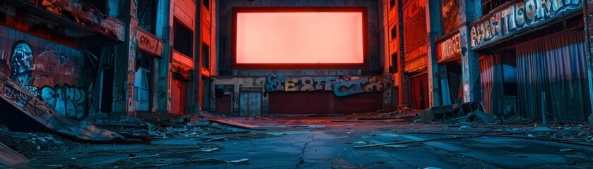Close up of an abandoned movie theater, its onceglowing holographic sign flickering out against a backdrop of a decaying urban sprawl, sharpen with copy space