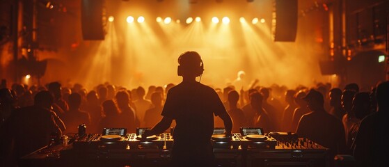DJ in a nightclub, colorful lights, crowd dancing, music festival vibe, ample copy space, high energy 8K , high-resolution, ultra HD,up32K HD