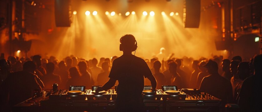 DJ in a nightclub, colorful lights, crowd dancing, music festival vibe, ample copy space, high energy 8K , high-resolution, ultra HD,up32K HD
