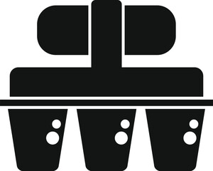 Graphic icon with a stylized coffee press and two espresso cups in silhouette form