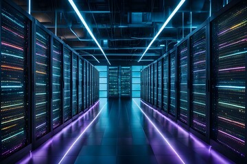 Fototapeta premium Futuristic data technology background. with neon lights and glowing orbs