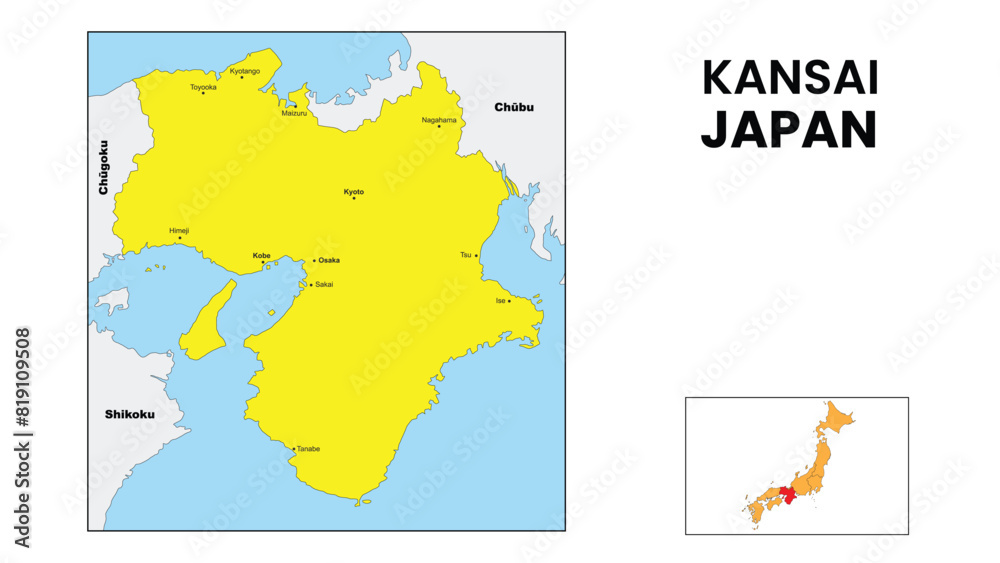 Wall mural Kansai Map. Major city map of Kansai. Political map of Kansai with country capital.