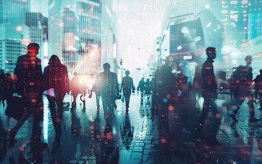 Network and internet communication concept. Silhouette of businessman in abstract city with double exposure of blurry network interface. which is very impressive