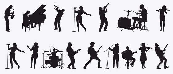 silhouettes set of musicians playing various musical instruments. Collection of musician on isolated white background.  © Pro Silhouettes