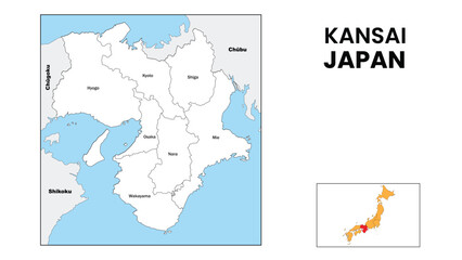 Kansai Map. State and district map of Kansai. Administrative map of Kansai with district and capital in white color.