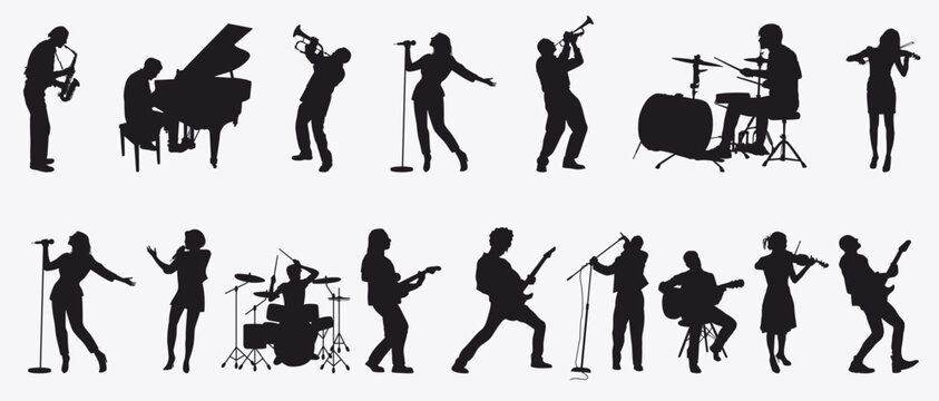 silhouettes set of musicians playing various musical instruments. Collection of musician on isolated white background. 