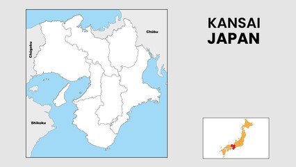 Kansai Map. State and district map of Kansai. Political map of Kansai with outline and black and white design.