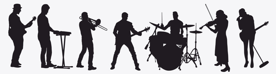 silhouettes set of musicians playing various musical instruments. Collection of musician on isolated white background.  © Pro Silhouettes