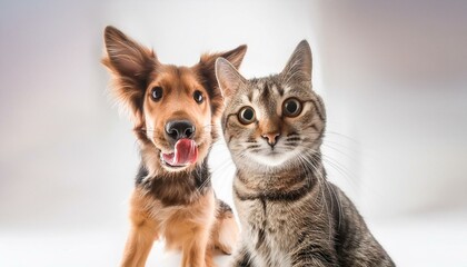 Cat and dog playing together with white background