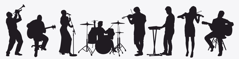 Set of musician silhouette. Musical instrument, musical artist. 