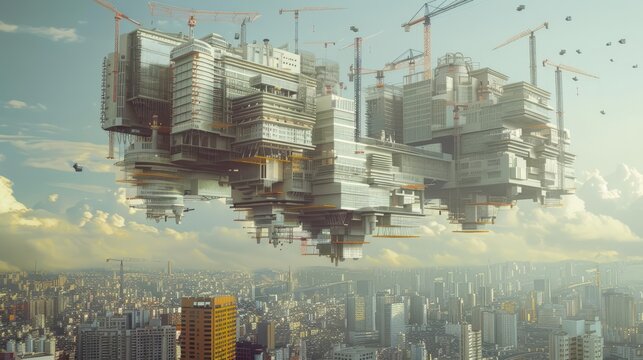Construction workers use antigravity tools to assemble buildings that float above the city, expanding urban landscapes into the sky