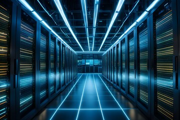 Futuristic data technology background. with neon lights and glowing orbs