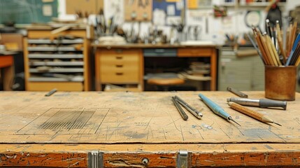 Crafting table with tools, hobby creation in process, ample copy space, advertisement focus, showcasing creativity